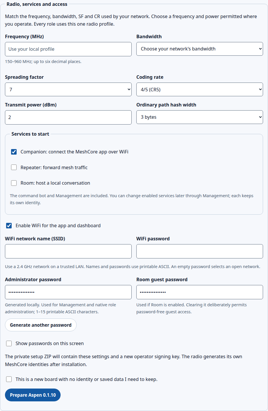 Aspen setup form: radio profile, optional repeater and Room services, WiFi, and generated administrator and guest passwords.